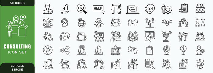 Set of 50 outline icons related to consulting. Linear icon collection. Editable stroke. Vector illustration