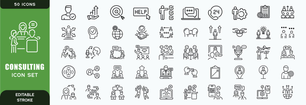 Set of 50 outline icons related to consulting. Linear icon collection. Editable stroke. Vector illustration