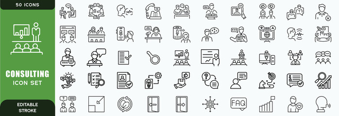 Set of 50 outline icons related to consulting. Linear icon collection. Editable stroke. Vector illustration