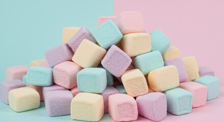 Pastel Cube Candies Sweet Treat Heap - Delightful pastel-colored marshmallows form a tempting mound, symbolizing sweetness, joy, happiness, fun, and a delightful treat