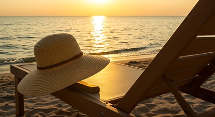 Golden Sunset Beach Scene with Straw Hat and Lounger