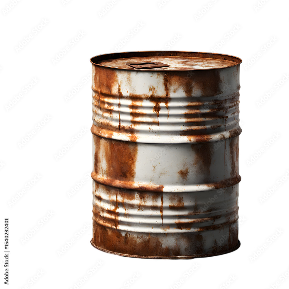 Aufkleber a rusty oil barrel with visible dents, isolated on a empty plain background