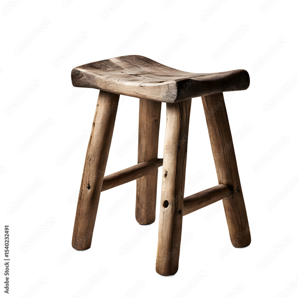 Poster a small rustic wooden stool, isolated on a empty plain background