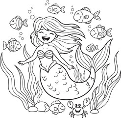 Happy Mermaid Surrounded by Fish and Seaweed in Black and White