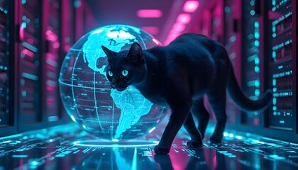 Black cat walking on a digital floor with a glowing globe in a futuristic server room illuminated by neon lights and technology at night Generative AI