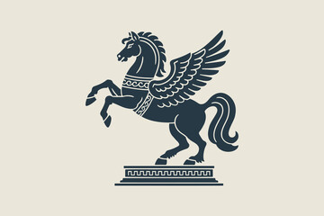 Winged horse standing on pedestal vector engraving illustration

