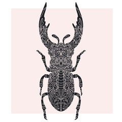 Beetle with botanical cut-out pattern, linocut style, detailed print, natural motifs