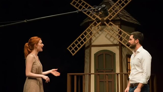 Two actors performing a dramatic scene on stage in front of a windmill backdrop