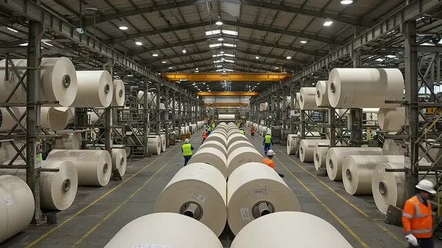 Workers in safety gear operate machinery in a large paper manufacturing facility