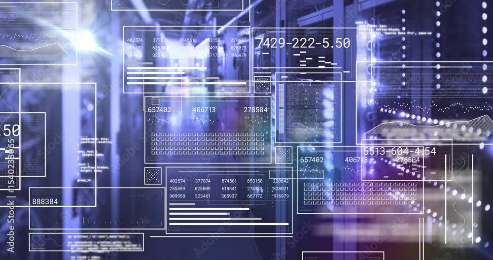 Poster on detecting rack activity, ui panels materializing over corridor visualizing real-time server data