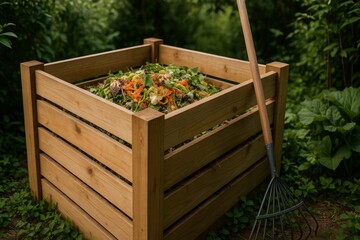 A wooden compost bin filled with organic kitchen scraps and green waste, surrounded by lush garden greenery and a rake.
