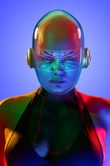 Digital art portrait of woman with chromatic glass dome helmet, techno HUD-style display, and...