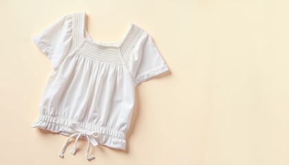 Elegant White Blouse with Ruffled Hem and Pleated Design on Soft Peach Background