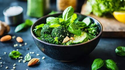 Green vegan salad made with seasonal greens, quinoa, and salted almonds, topped with tangy basil dressing. Set on a modern kitchen table with scattered ingredients.