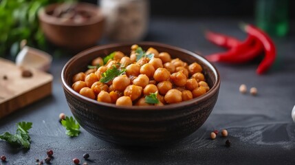 Vegan chickpea curry served in a bowl, rich in spices and flavor. Set on a modern kitchen table with fresh ingredients scattered in the background.