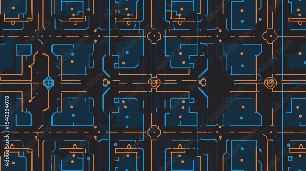 Poster abstract circuit diagrams intersect forming seamless dark techno grid
