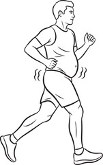 Overweight man running to lose weight, cartoon line art drawing illustration