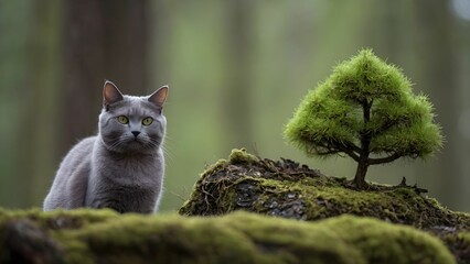 Obraz premium Grey cat curiously observes a small bonsai tree in a serene forest setting during the early morning light Generative AI
