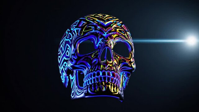 Unique 3D skull design with intricate patterns illuminated by vibrant light
