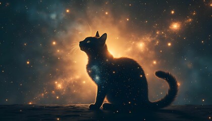 Silhouette of a cat against a cosmic background with stars and nebulae illuminating the night Generative AI