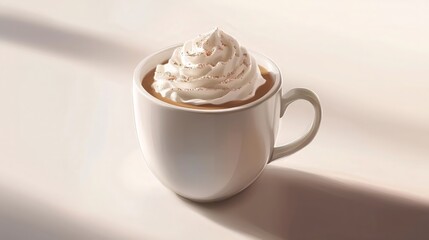 Hot Chocolate with Whipped Cream in White Mug and Soft Light
