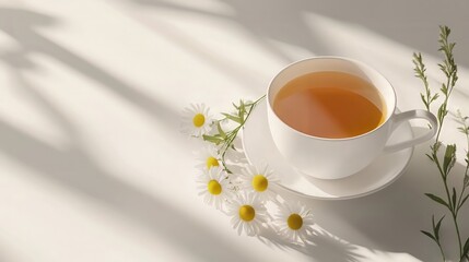 Chamomile Tea in White Cup with Fresh Flowers and Soft Shadows
