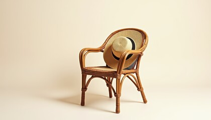 Fototapeta premium Stylish Rattan Chair with Straw Hat in Minimalist Indoor Setting for Home Decor Inspiration