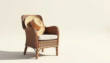 Stylish Wicker Chair with Soft Cushion and Sun Hat on Neutral Background for Relaxation Concept