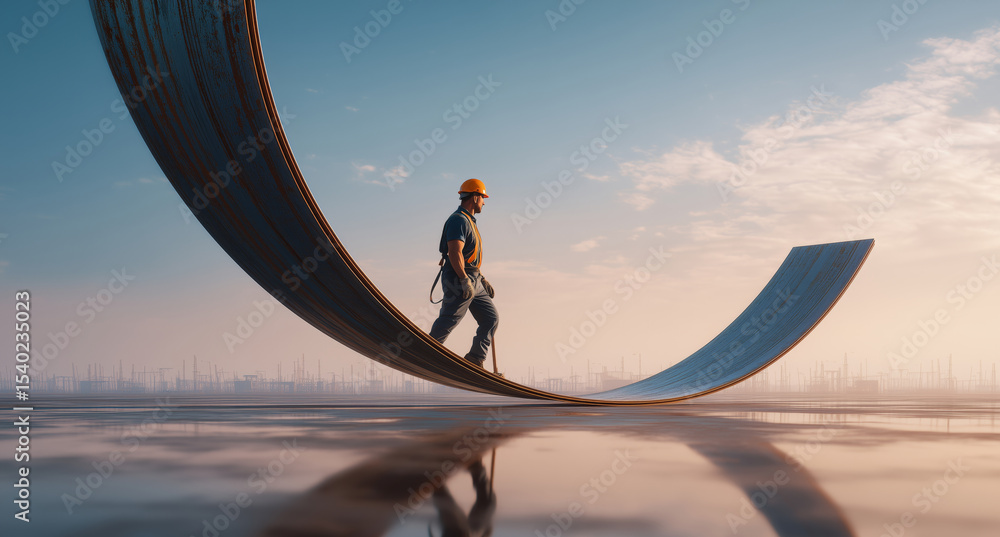 Leinwandbilder A worker demonstrates the transformative properties of smart materials by walking on a curving shape memory alloy structure.