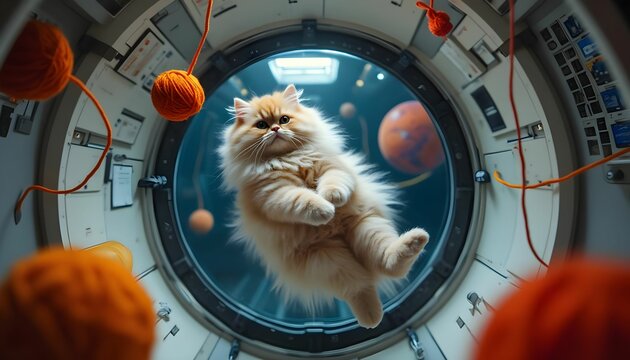Cat floating in a spacecraft surrounded by colorful yarn and a backdrop of planets and stars in a whimsical scene illustrating space exploration Generative AI