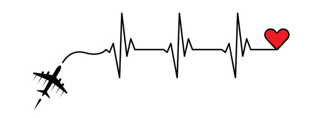 Fototapeta premium Abstract airplane, ekg shape route, red heart vector. Creative medical science concept design to use for cardiology, healthcare business, love concept projects.