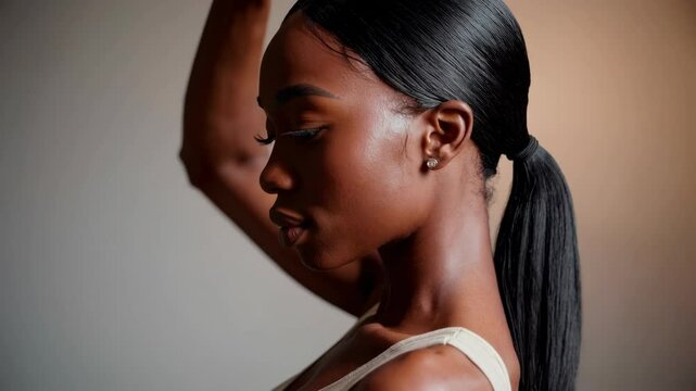 A light-skinned Black woman with long hair extensions, wearing a beige tank top, poses for a photoshoot for her Instagram profile picture. Her hair is styled in a ponytail