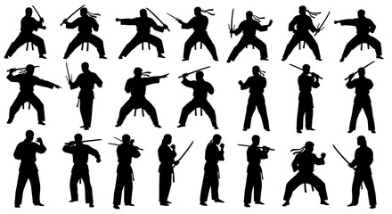 Martial Artist Silhouettes: Diverse Sword and Sai Poses