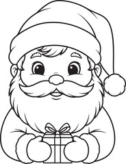 Line art drawing of Santa Claus holding a present, perfect for coloring