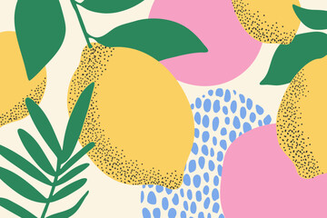 Hand-drawn lemons and abstract blobs on beige background. Fresh citrus vector design in trendy naive style