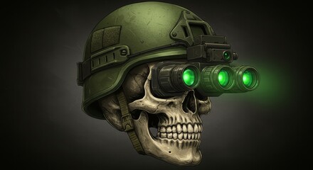 Skull in Military Helmet with Night Vision - A skull wearing a military helmet equipped with night vision goggles. Dark background. Green glowing lenses