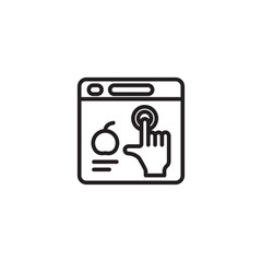 Obraz premium A black and white line art icon depicts a web browser window with a hand cursor touching a circular button, and an apple-like fruit graphic is visible on the left, symbolizing an interactive website o