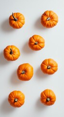 Colorful pumpkins arranged on a light background for autumn decor.