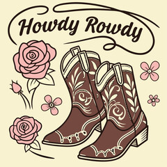 Vintage Howdy Rowdy Cowboy Boots with Floral Design and Roses