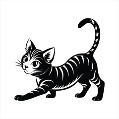 Black and White Stretching Cat Silhouette: Cute Pet and Feline Illustration