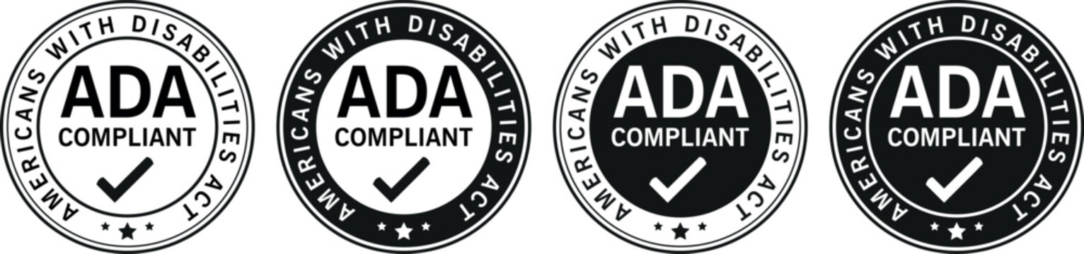 round americans with disabilities act compliant badges in black and white with check mark used for accessibility and standards	