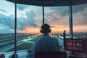 An air traffic controller monitors the runway from a control tower at sunset, managing aircraft via screens and headsets