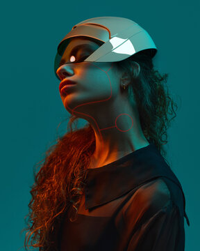 Fototapeta Artistic 3D collage showing woman in sci-fi helmet with red neon contours under cinematic teal lighting and orange glow. Concept of augmented reality branding, futuristic music visuals