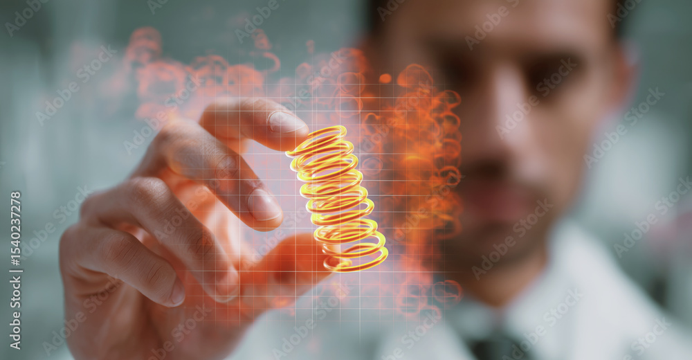 Poster A researcher in a lab examines an adaptive spring made of shape memory alloy, showcasing its transformation capabilities. The background features technical elements illustrating innovation.