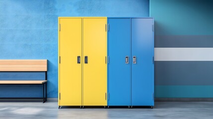Colorful yellow and blue school lockers with wooden bench against striped wall in modern hallway