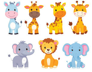 Obraz premium A funny cartoon animal set with vector illustrations of a lion, elephant, giraffe