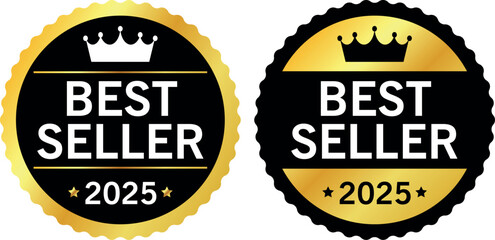 round black and gold best seller 2025 badges with crown icon for top rated product label	