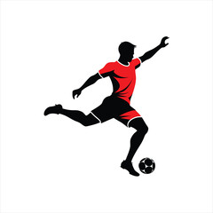 Obraz premium Vector Soccer Player Silhouette Kicking Ball in Red and Black Kit