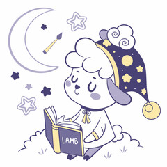 Charming SVG of a Amused Lamb featuring reading a book, styled in a Starry night theme with Magical Night hues
