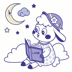 Charming SVG of a Amused Lamb featuring reading a book, styled in a Starry night theme with Magical Night hues